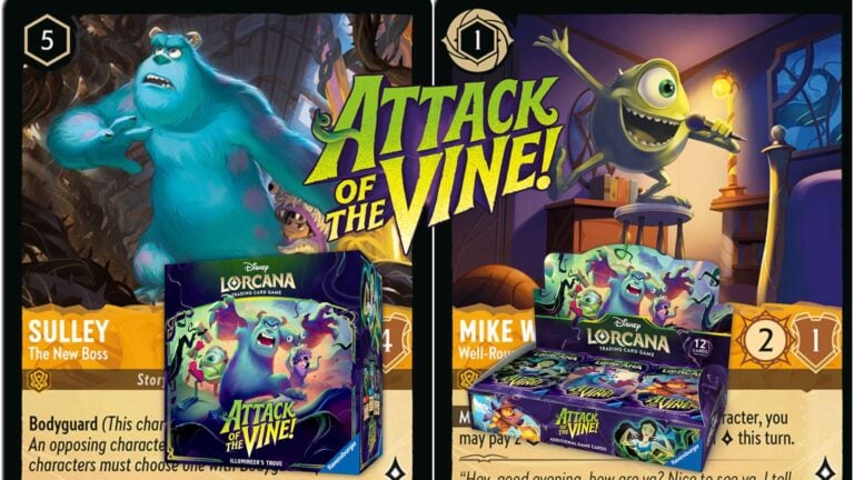 Promotional cover art for Disney Lorcana: Attack of the Vine! trading card game, featuring blue Sulley on the left and Mike Wazowski on the right with booster boxes.