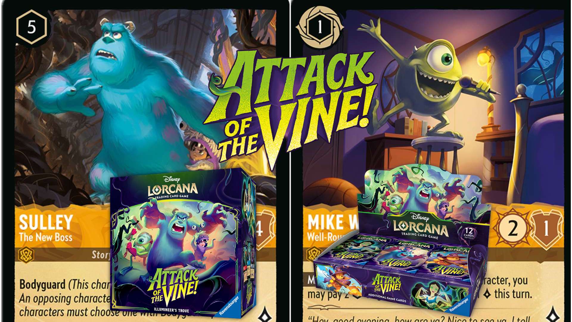 Promotional cover art for Disney Lorcana: Attack of the Vine! trading card game, featuring blue Sulley on the left and Mike Wazowski on the right with booster boxes.