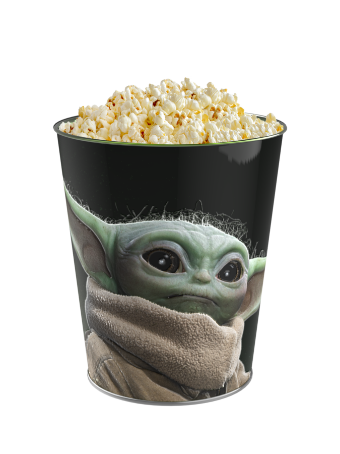 Black cup printed with Grogus face filled with popcorn on top Baby Yoda design