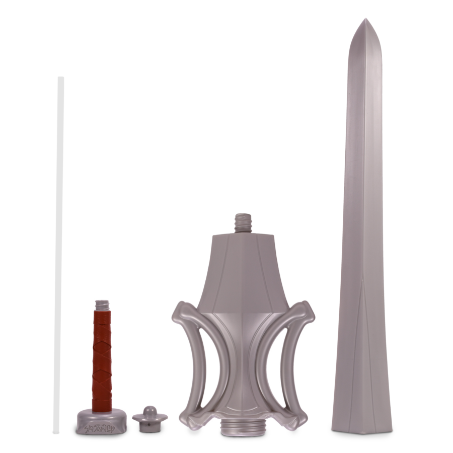 MOTUFCI40ozPowerSwordCupSeparatedParts021526scaled Fantasy Land News Assorted cosplay props on black a tall silver spear on the right a pale rod on the left and an ornate central scepter with a crown like base plus a red wrapped wand and a stone block with markings