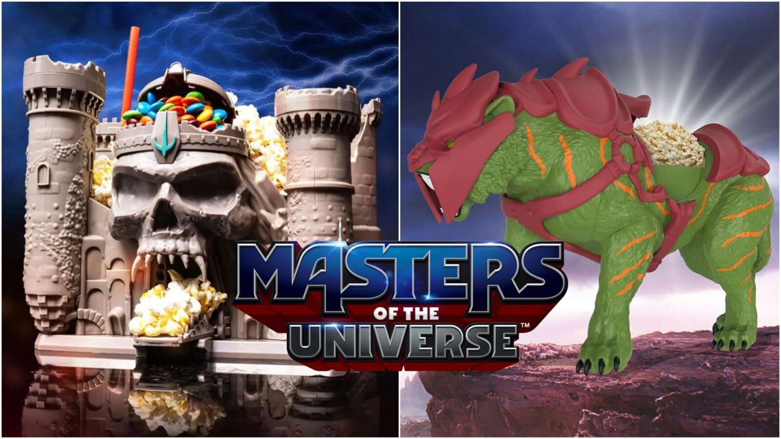 Masters of the Universe Popcorn Buckets and Collectibles 2026 Every Item at Every Theater Chain Fantasy Land News Split image collage a gray castle skull on left and a green dragon with pink armor on right logo reading Masters of the Universe in the center