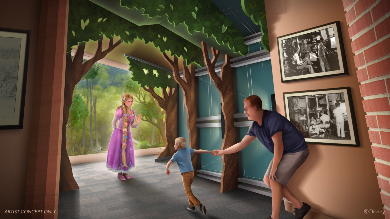 Rapunzel in a purple dress greets a young boy inside a forest themed indoor exhibit with trees and framed photos on the wall