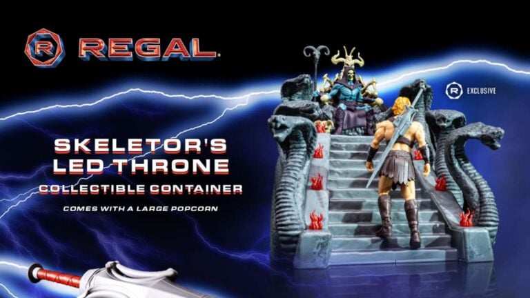 Promotional image for Regal: Skeletor's LED Throne collectible container with hero figure approaching a dragon-topped throne, set against a stormy, lightning-filled background.