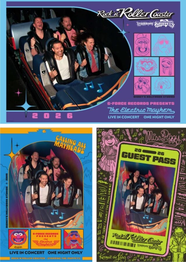 Collage poster advertising 2026 Rock n Roller Coaster featuring The Electric Mayhem with an action photo of five people on a roller coaster and colorful panels of cartoon faces on the right