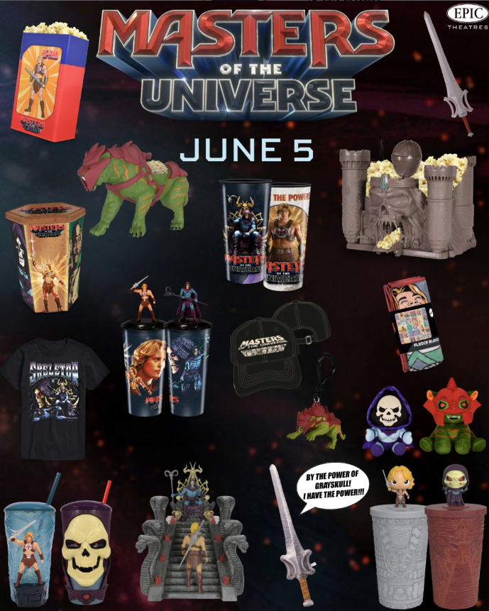 Collage of Masters of the Universe merchandise including cups figures a castle playset Tshirt plush toys mugs and a sword prop surrounding a bold Masters of the Universe title and June 5 release date