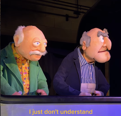 Two elderly puppets leaning over a stage railing left wears a green jacket and yellow shirt right wears a blue blazer and striped shirt caption reads I just dont understand