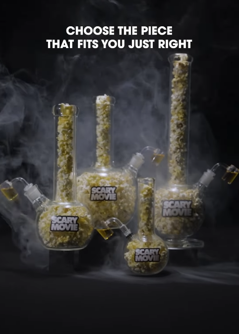 Promotional image showing multiple glass bongs filled with popcorn branded Scary Movie on a smoky dark background