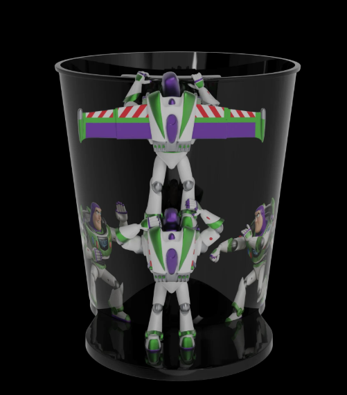 Screenshot 20260527 191305 Fantasy Land News Three Buzz Lightyear action figures in white green and purple suits stacked on top of each other inside a clear black cup with one figure raising its arms and wings extended