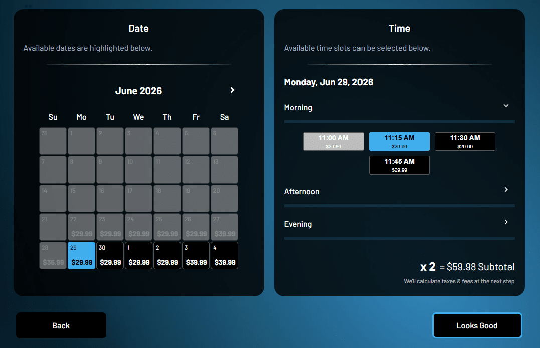 Date and Time booking UI left calendar shows June 2026 with June 29 selected in blue right panel lists morning time slots for June 29 2026