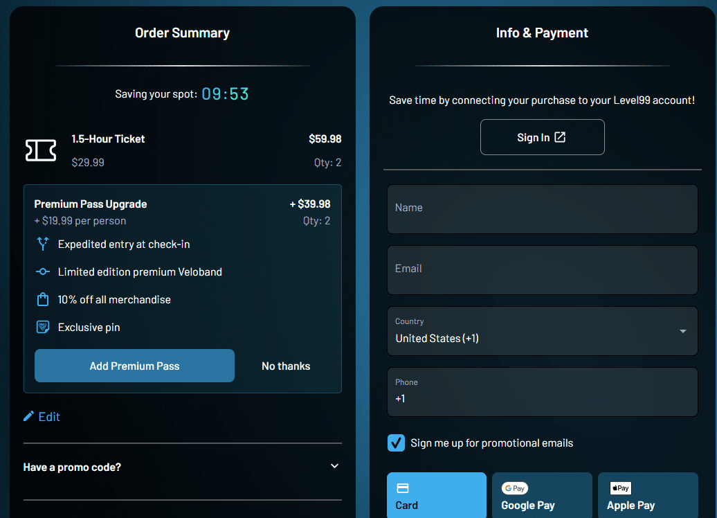 Two column checkout UI left panel shows Order Summary with ticket items and a Premium Pass Upgrade card right panel shows Info  Payment with sign in and a form for name email country and payment method options