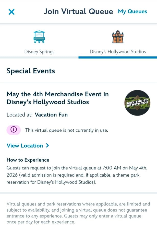 Join Virtual Queue screen with tabs for Disney Springs and Disneys Hollywood Studios Special Events section and May the 4th merchandise event card logo on right