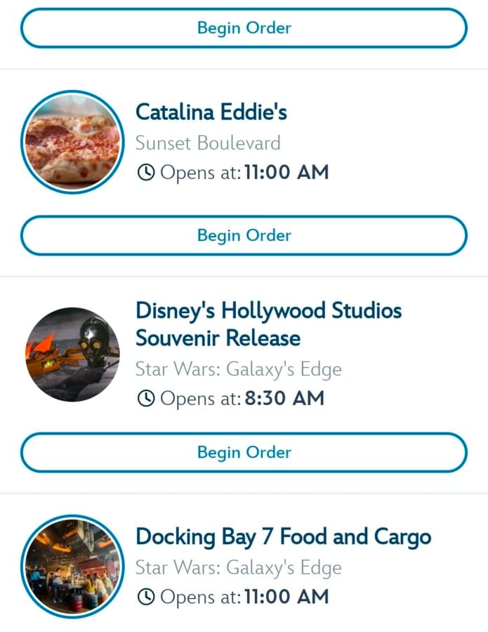 Menu list of venues with circular thumbnails and a Begin Order button for each Catalina Eddies Sunset Boulevard opens at 1100 AM Disneys Hollywood Studios Souvenir Release opens at 830 AM Docking Bay 7 Food and Cargo opens at 1100 AM