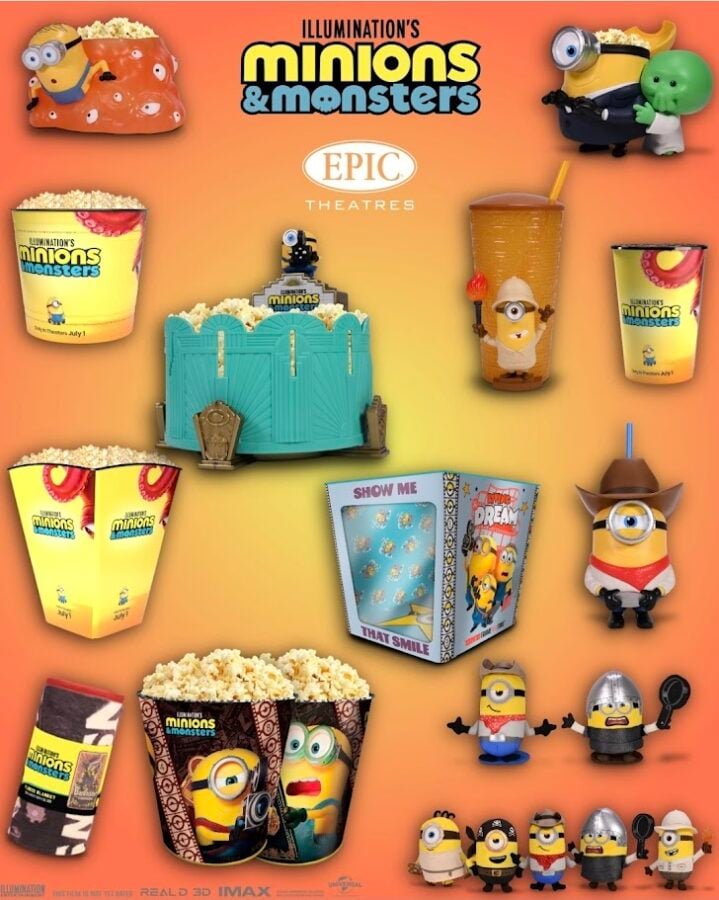 Promotional poster for Illuminations Minions  Monsters at Epic Theatres featuring Minions with popcorn buckets cups and themed packaging on a gradient background