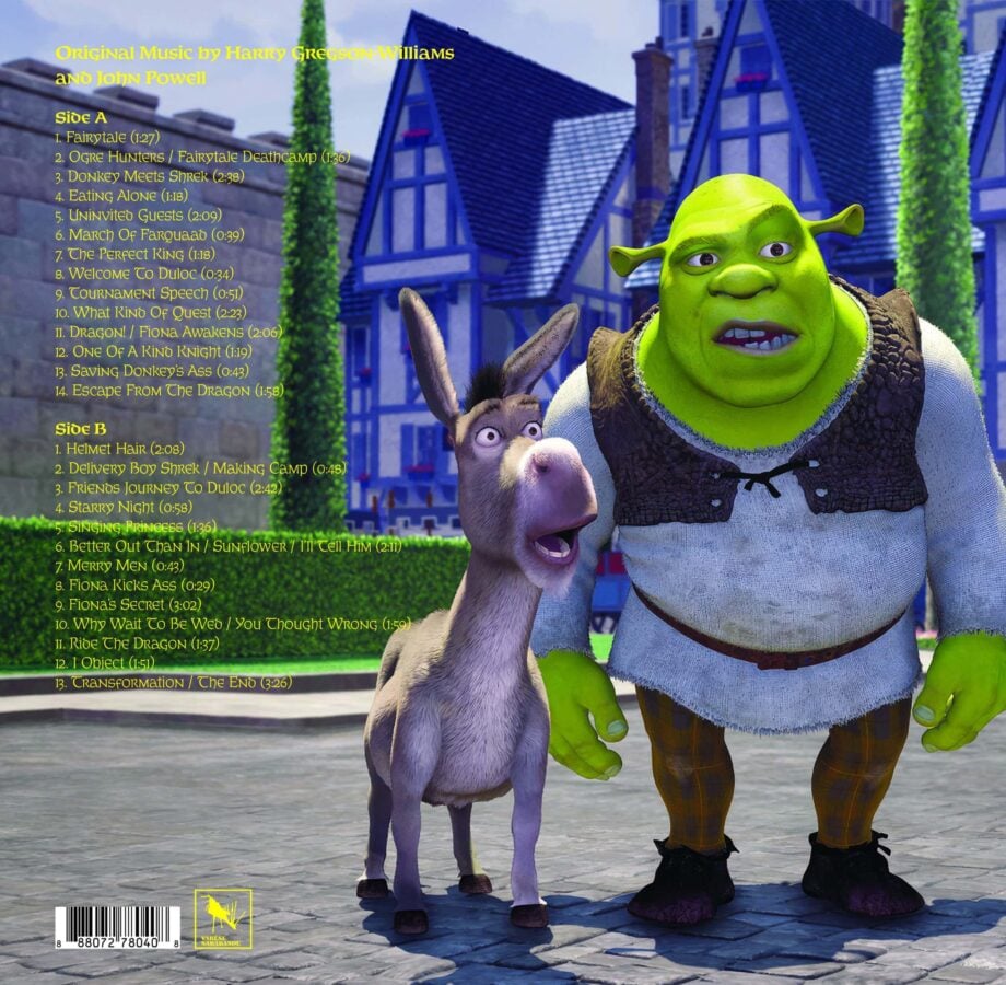 Shrek and Donkey stand together on a blue tinted village street with a yellow tracklist on the left side of the cover image