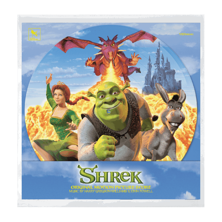 Movie poster for Shrek featuring Shrek Fiona Donkey and the dragon in flight with a castle in the background and flames text reads Shrek and Original Motion Picture Score at the bottom