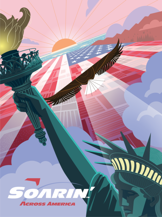 Statue of Liberty and an eagle soar over a stylized American cityscape with a flag patterned ground and a sunrise in pink skies logo reads Across America