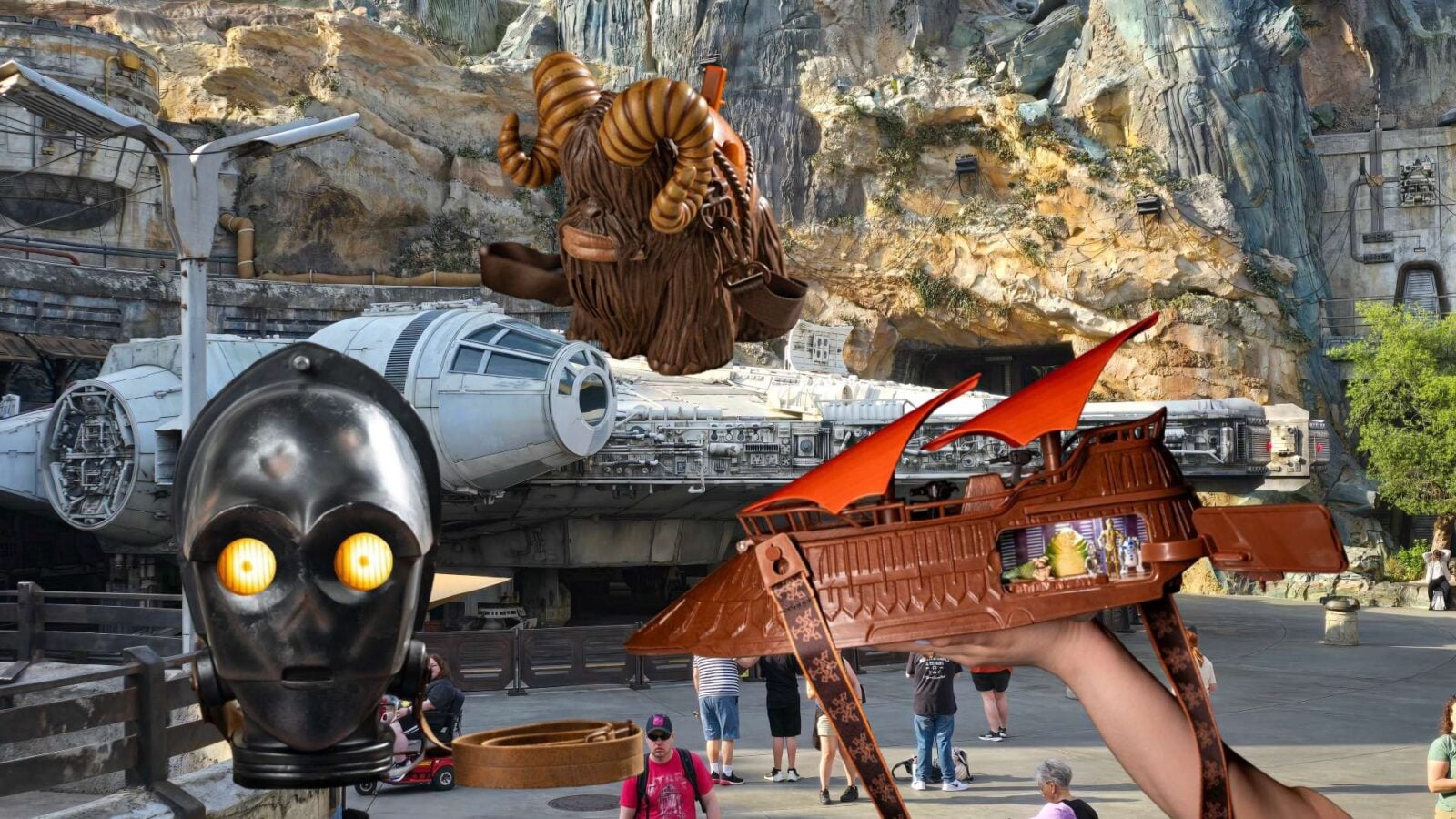 Star Wars themed scene with a life size Millennium Falcon model and people in the background a Chewbacca costume and prop weapon held in the foreground