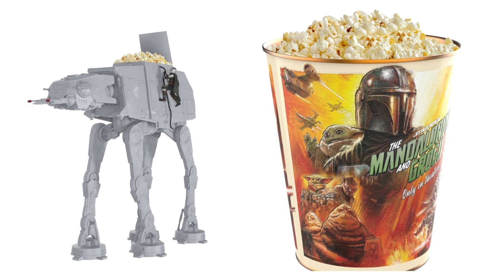 Left gray Star Wars AT AT walker model with a climber on its side right popcorn bucket with Mandalorian artwork featuring the helmet and Grogu
