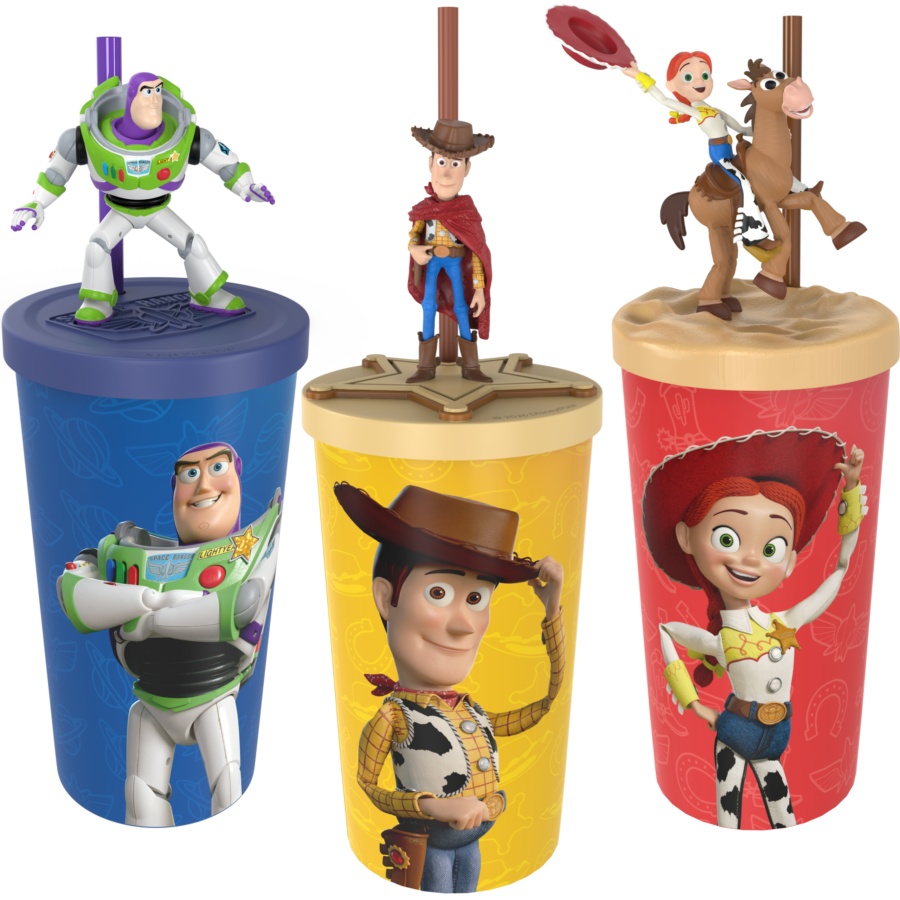 Buzz Lightyear on a blue cup with space designs with Woody and Jessie perched on yellow and red cups nearby
