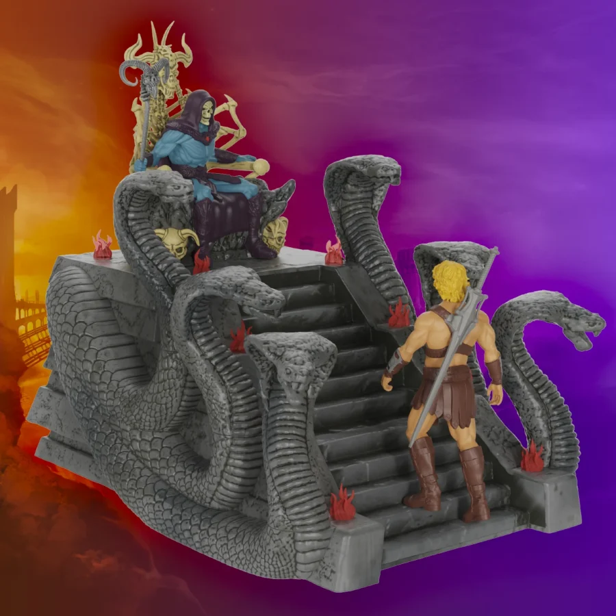 THRONEBUCKETHERO Fantasy Land News Blue skinned sorcerer on a throne surrounded by giant serpents facing a blond warrior with a sword on a stone staircase set against a purple orange sky