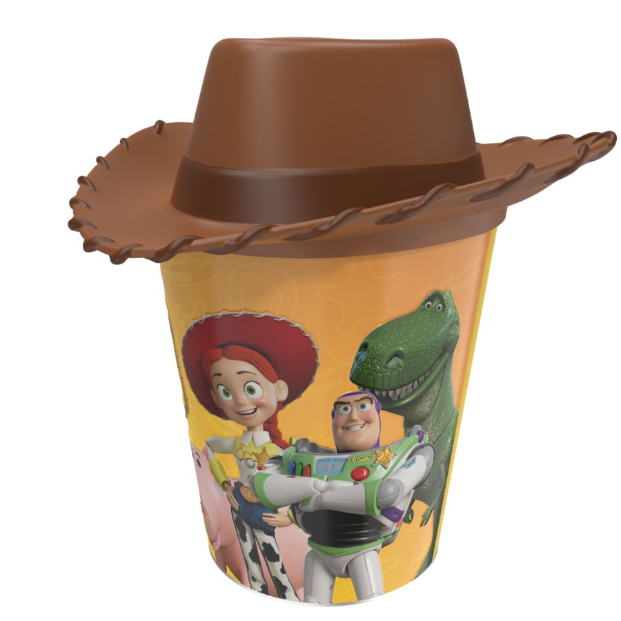 Toy Story themed plastic cup with Woody Jessie Rex and Buzz characters and a large brown cowboy hat lid on top