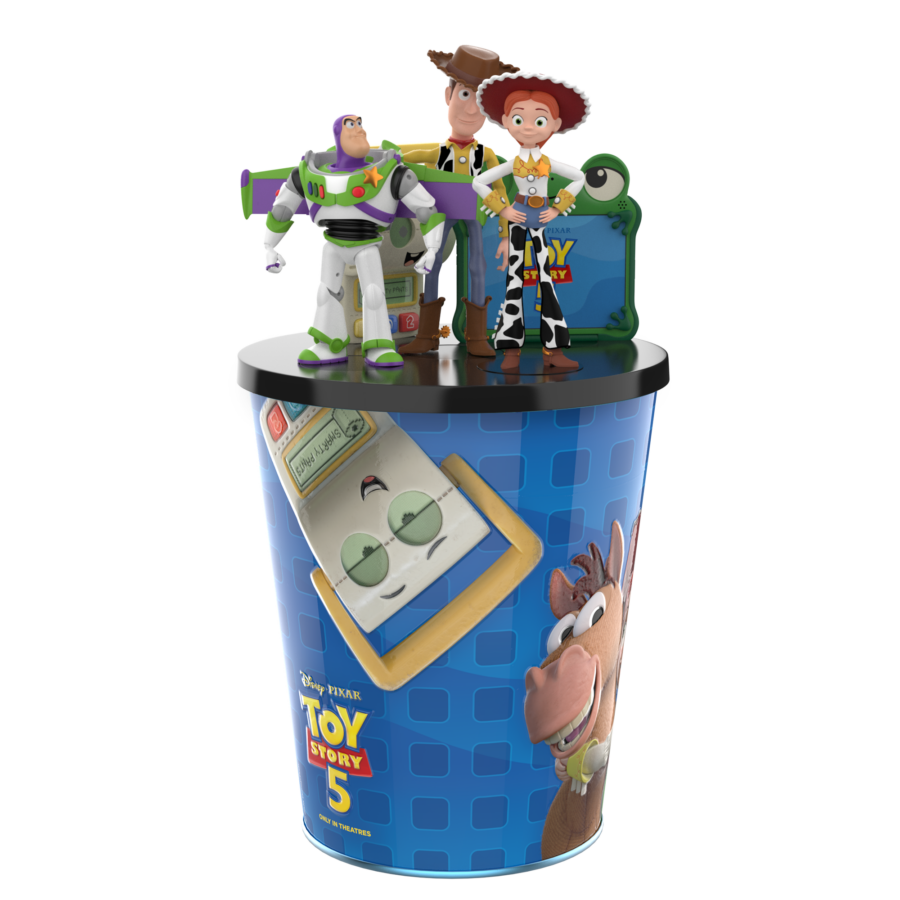 Buzz Lightyear Woody Jessie and friends stand atop a blue Toy Story 5 poster on a cup displaying a playful group pose at a movie launch