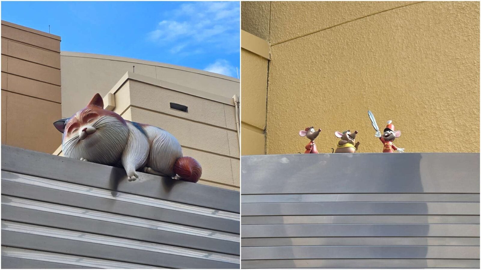 Split image of outdoor decorations left panel shows a large sleeping cartoon cat atop a metal ledge against a beige building and blue sky right panel shows three small mice figurines on a ledge against a yellow wall