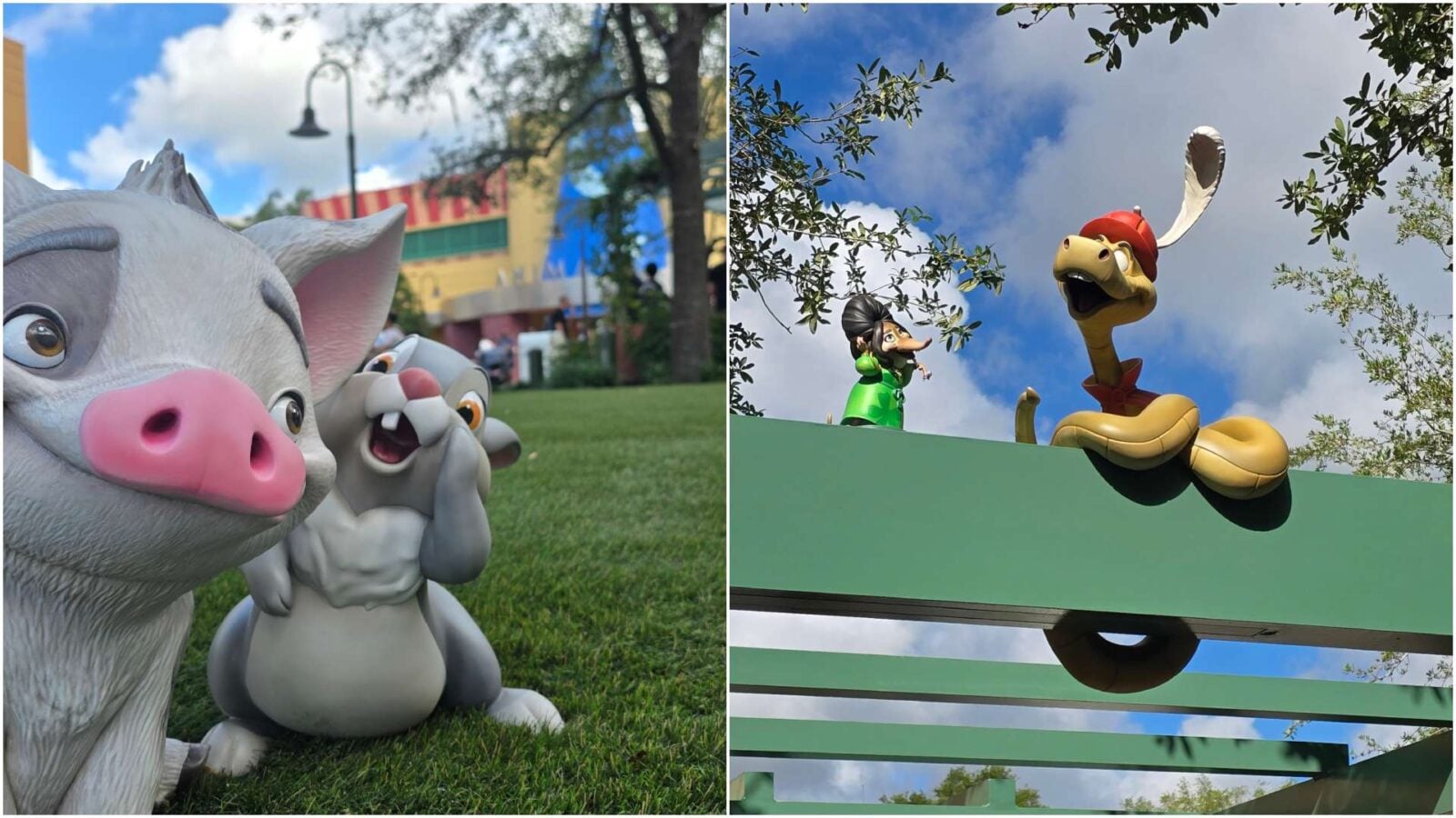 Two panel outdoor scene with large cartoon animal statues left panel shows a close up of a pig statue on grass with a second smiling character nearby and colorful buildings in the background
