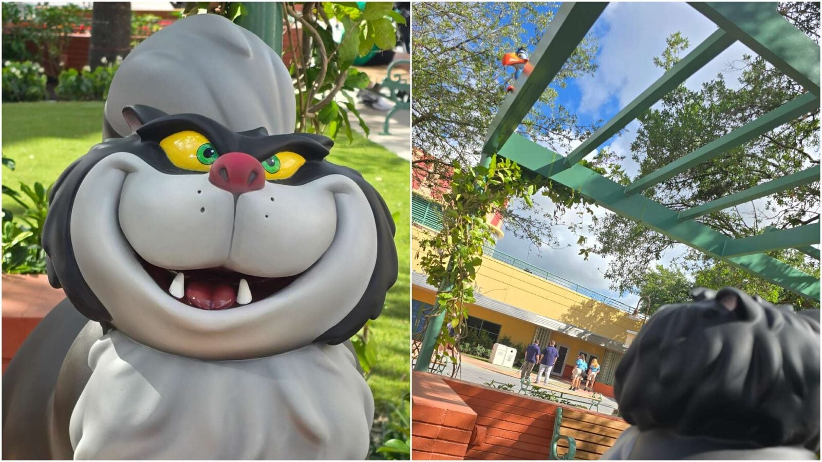 Left a close up of a cartoon bulldog statue with a wide mouth and big teeth right a sunny courtyard scene with teal metal beams and people in the background