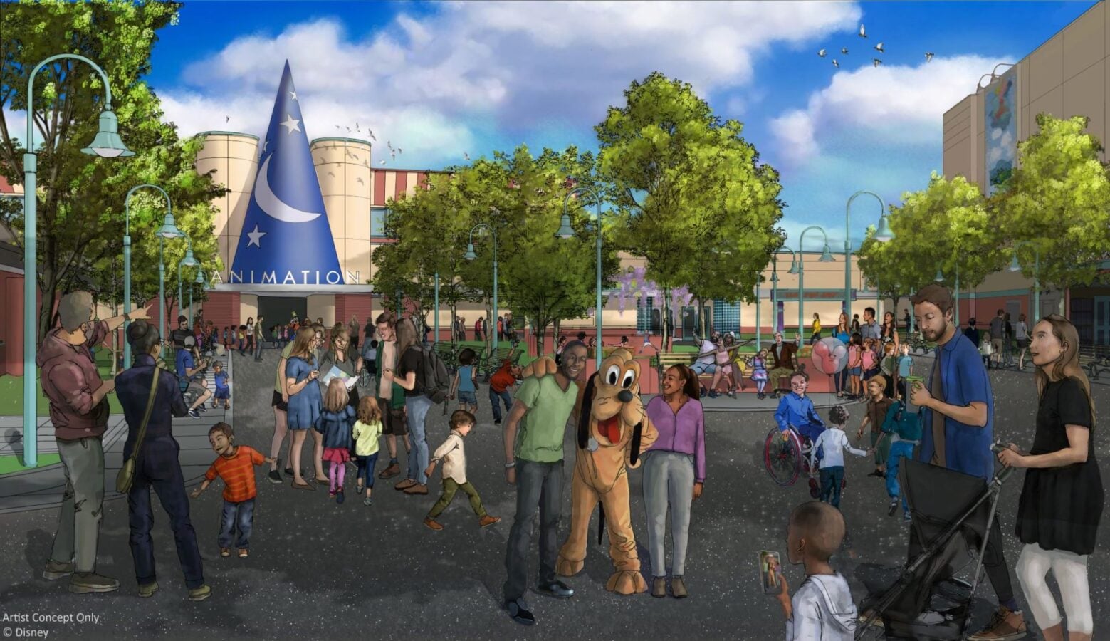 TheMagicofDisneyAnimationatDisneysHollywoodStudios1871x1080 1 Fantasy Land News Crowded Disney themed plaza with a tall blue cone building and people walking and talking