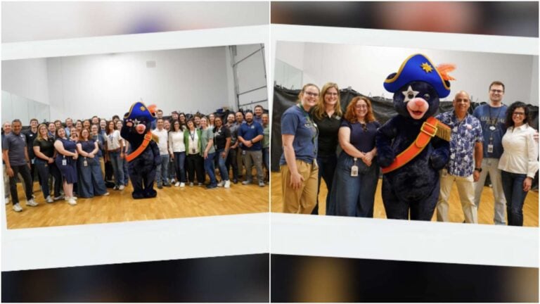 Group of employees posing for a team photo with a pirate mascot in a bright room with a wooden floor (collage-style).