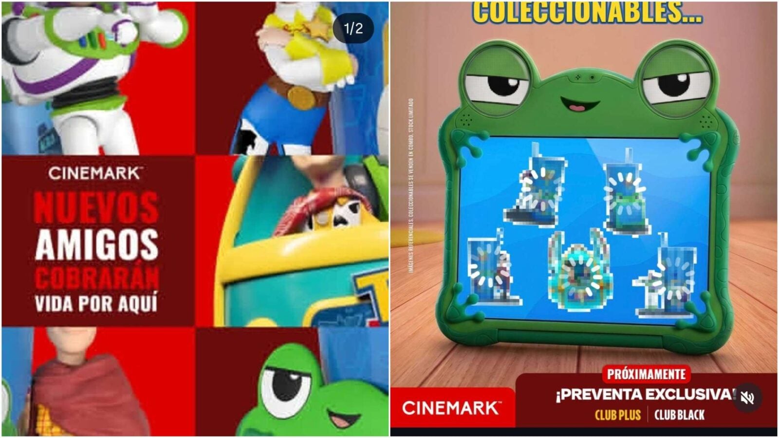 Collage of colorful toy characters and a red panel with the words Nuevos Amigos Corra Vida por aquí promotional imagery for kids toys left side