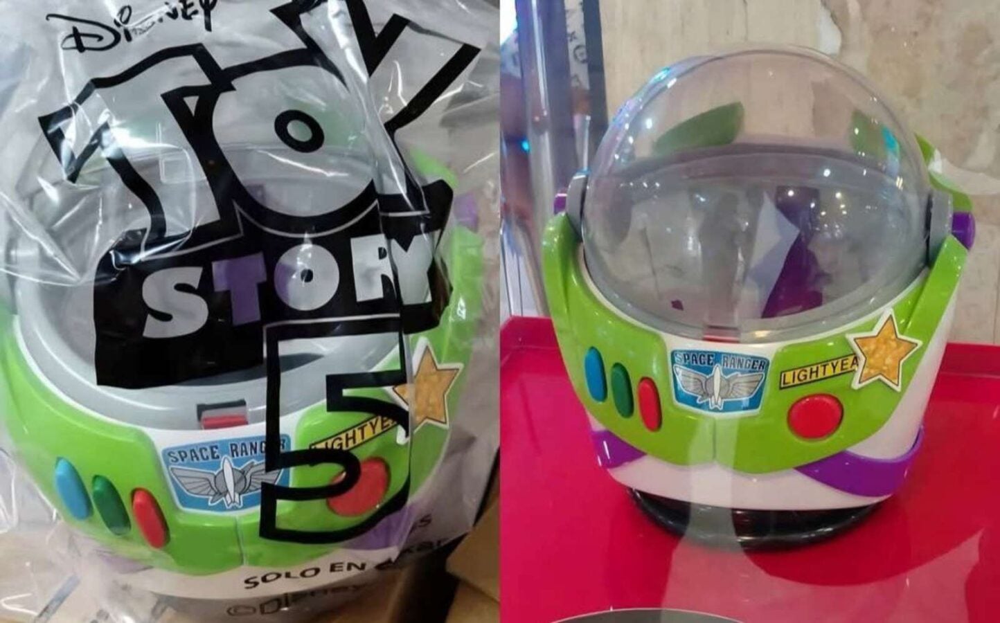 Buzz Lightyearinspired space helmet toy with a clear visor green body purple accents and Space Ranger decals