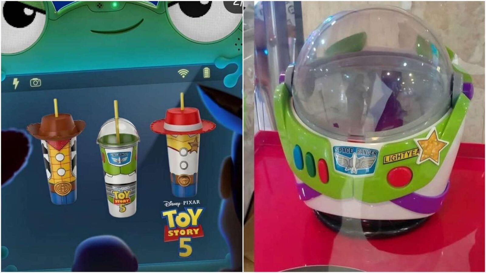 Left three Toy Story 5 drink cups with yellow straws right green Space Ranger helmet toy with clear visor