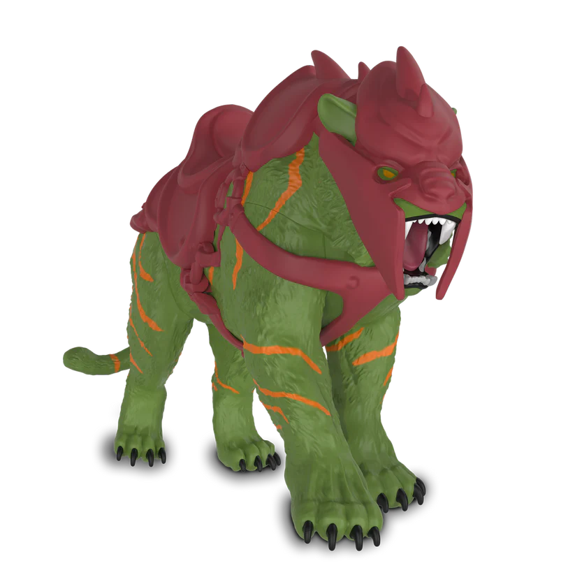 Green dragon like toy with pink spiked armor and orange stripes snarling with fangs visible in an open mouth