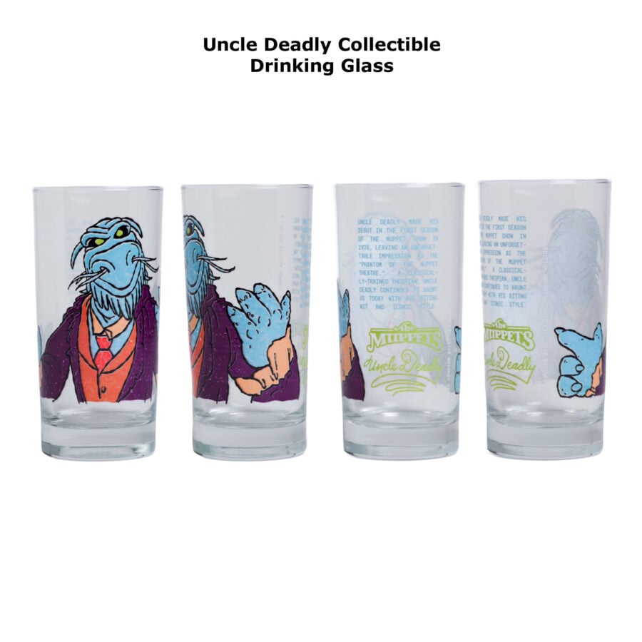 Four clear drinking glasses lined up each featuring colorful Muppets artwork including Uncle Deadly designs and branding