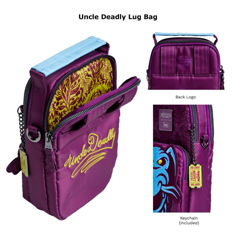 Purple mini bag with blue top handle open reveals yellow floral lining and zipper pockets Uncle Deadly Lug Bag Includes a keychain