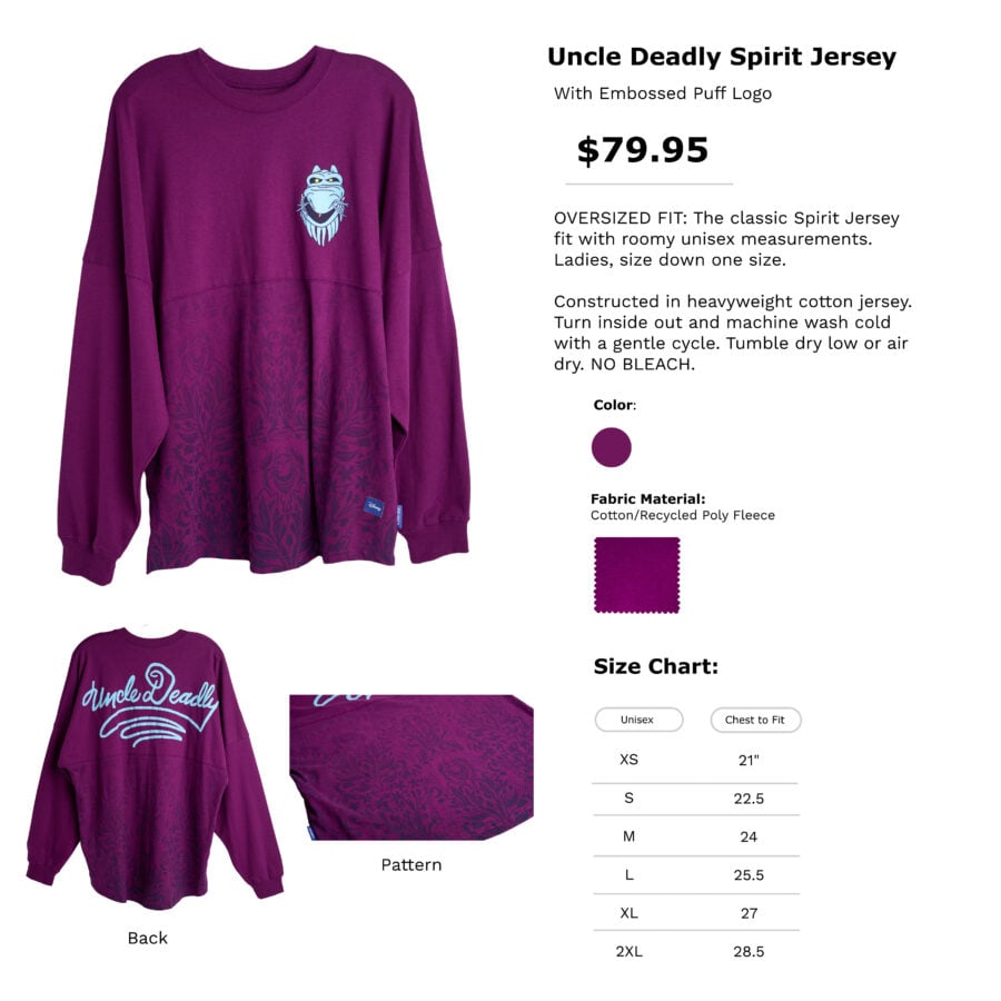 Purple oversized Spirit Jersey with a light blue puff embroidery on the chest and a dark floral pattern along the hem shown from the front