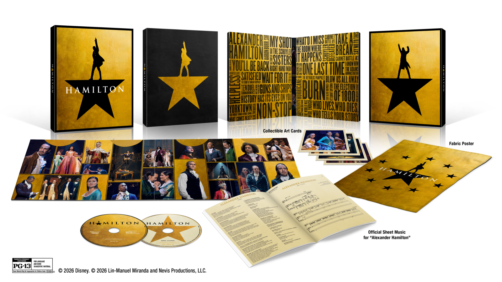 A collection of Hamilton theater merchandise gold posters black star logos photo collage CDs and programs arranged on a black background