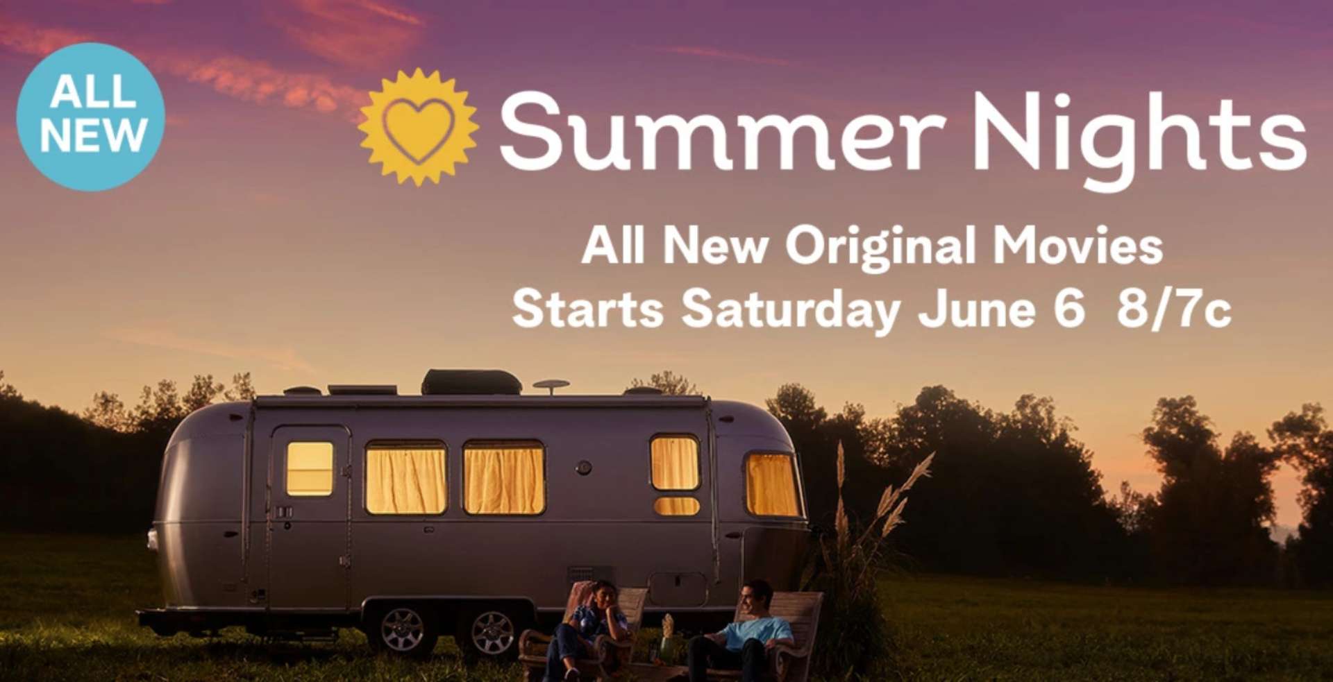 Promotional banner featuring a silver camper at sunset with overlaid text All New Summer NightsAll New Original Movies Starts Saturday June 6 87c