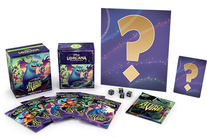 Lorcana card game booster boxes and packs displayed on a table with a large mystery box in the background