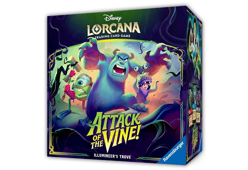 LorCana Attack of the Vine trading card game box art with colorful monsters in a neon jungle scene