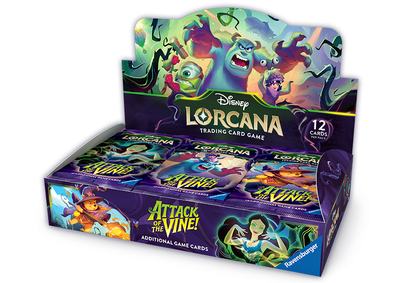 Display box of Disney Lorcana Trading Card Game with booster packs visible and colorful character artwork Ravensburger logo on the box edge
