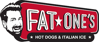Brand logo for Fat Ones featuring a mans head and a red banner reading FAT ONES with a subtitle HOT DOGS  ITALIAN ICE
