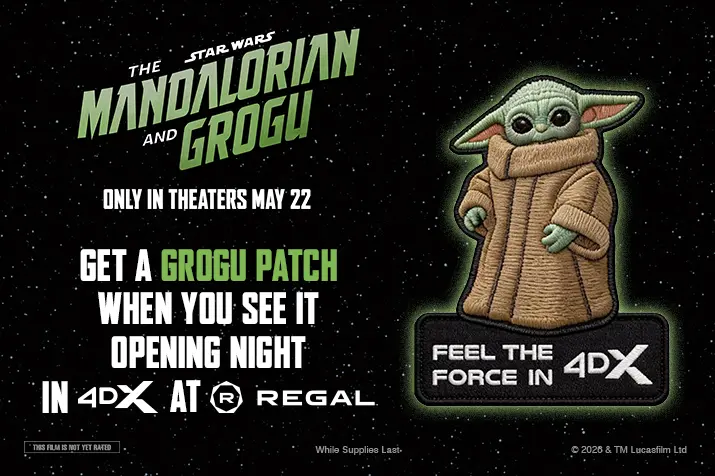 mandaloria4dxgwp Fantasy Land News Poster for The Mandalorian and Grogu with a plush Grogu patch and space themed background promoting a May 22 release in 4DX at Regal theaters