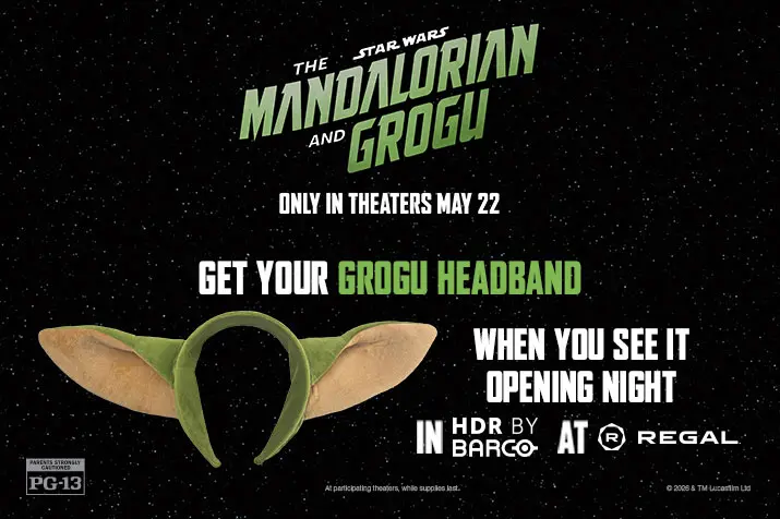 mandaloriaheadbandpromo Fantasy Land News Promo poster for The Mandalorian and Grogu with a green Grogu headband on a starry background