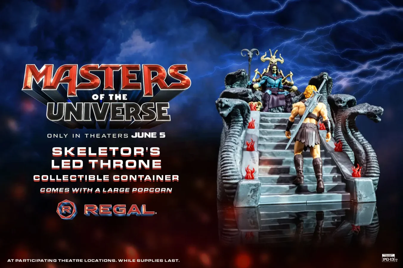 Poster for Masters of the Universe showing a muscular warrior with a sword approaching a serpentine throne with a stormy lightning filled sky in the background