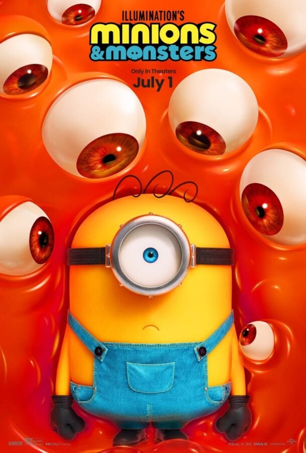 minions3 1 Fantasy Land News Promotional poster a yellow Minion with one blue goggle center surrounded by orange many eyed creatures with Illuminations Minions Monsters text above and July 1 date showing