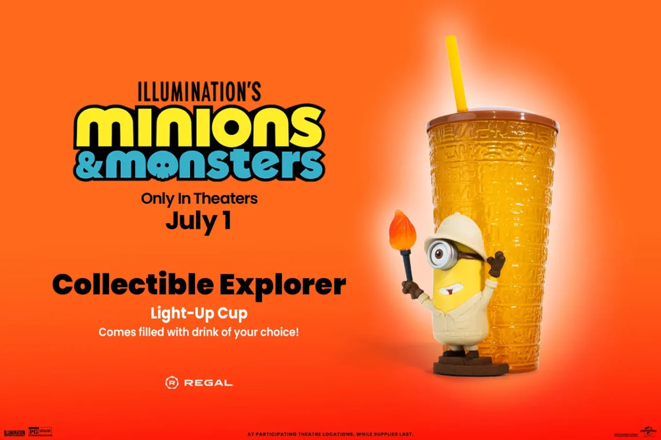 Promotional poster for Illuminations Minions  Monsters featuring a collectible light up cup beside a Minion on an orange background