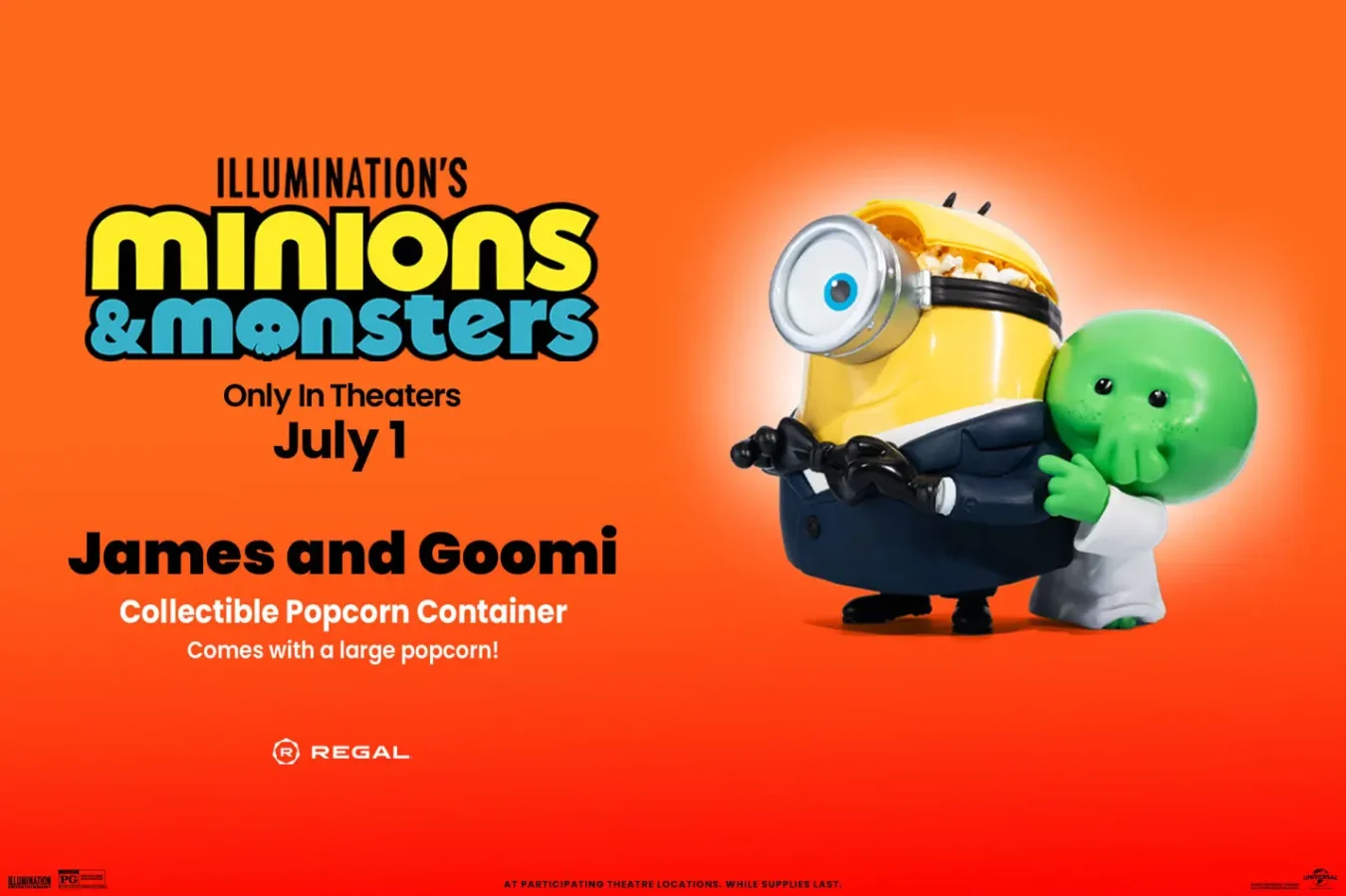 Poster for Illuminations Minions  Monsters shows two characters a yellow minion and a green creature on an orange background with release info and popcorn container text